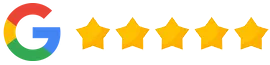 Google logo with five gold stars indicating a five-star rating for First Hill Dental Center