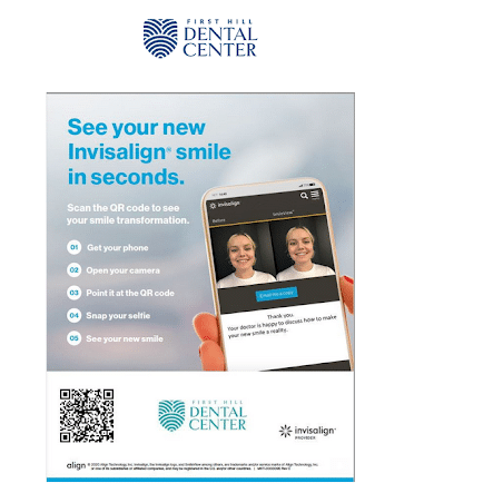 First Hill Dental Center advertisement promoting Invisalign smile visualization technology with smartphone app demonstration.